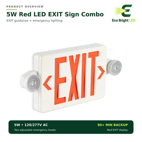 5W red LED exit sign combo with two adjustable emergency heads and red EXIT display