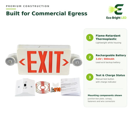 Red LED exit sign combo with dual emergency lights, rechargeable battery, and mounting hardware