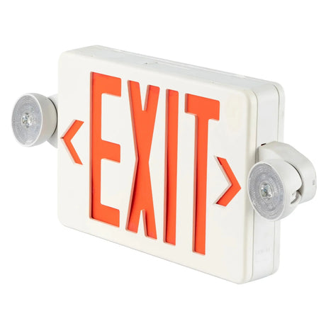 5W red LED exit sign combo with white housing, red directional arrows, and two adjustable emergency light heads