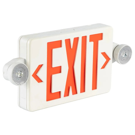 Red LED EXIT sign combo with white housing and dual adjustable emergency light heads