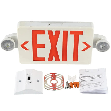 Red LED exit sign combo with dual emergency lights and included wall mounting hardware