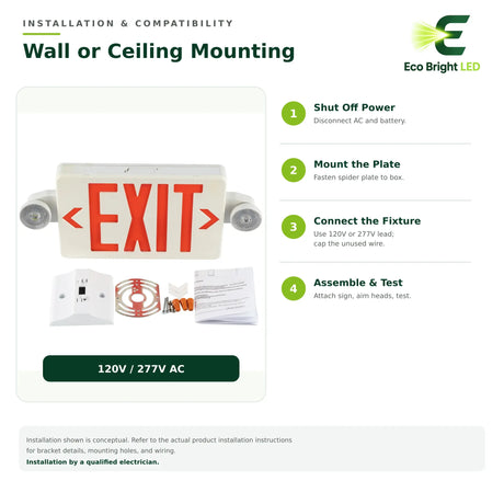 Installation guide graphic for a 5W red LED exit sign combo with dual heads for wall or ceiling mounting
