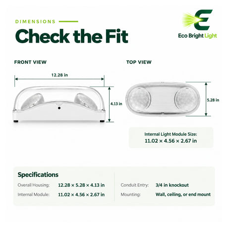 5W waterproof dual-head LED emergency light with front and top views, 12.28 x 5.28 x 4.13 inch dimensions