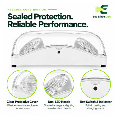 5W waterproof dual-head LED emergency light with clear cover, test switch, and two adjustable lamp heads