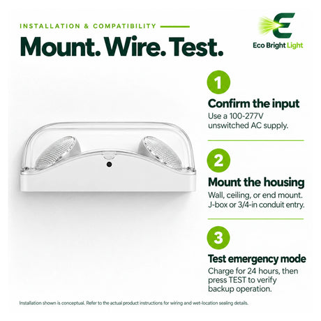 5W waterproof dual-head LED emergency light with 100-277V input and wall, ceiling, or end-mount guidance