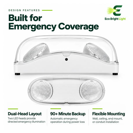 Waterproof dual-head LED emergency light shown from front and top with 90-minute backup and flexible mounting design