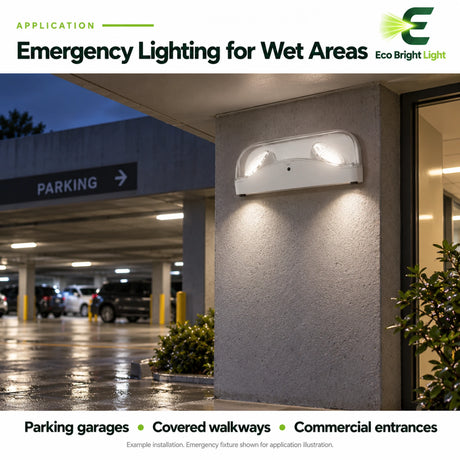 5W waterproof dual-head LED emergency light mounted outside a parking garage entrance for wet areas