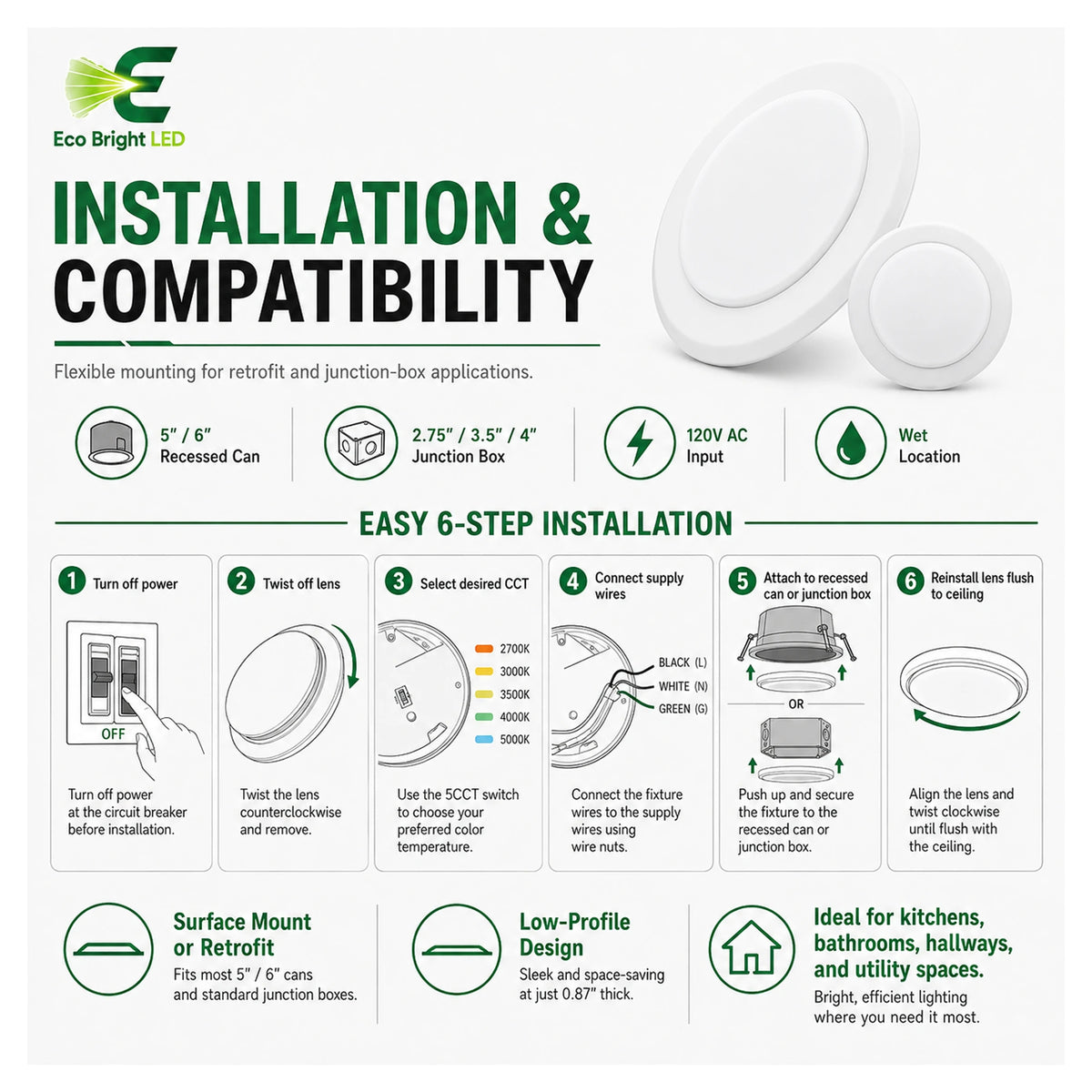 Installation and mounting details for 6 Inch 15W LED Disk Light for, including compatibility and wiring guidance.