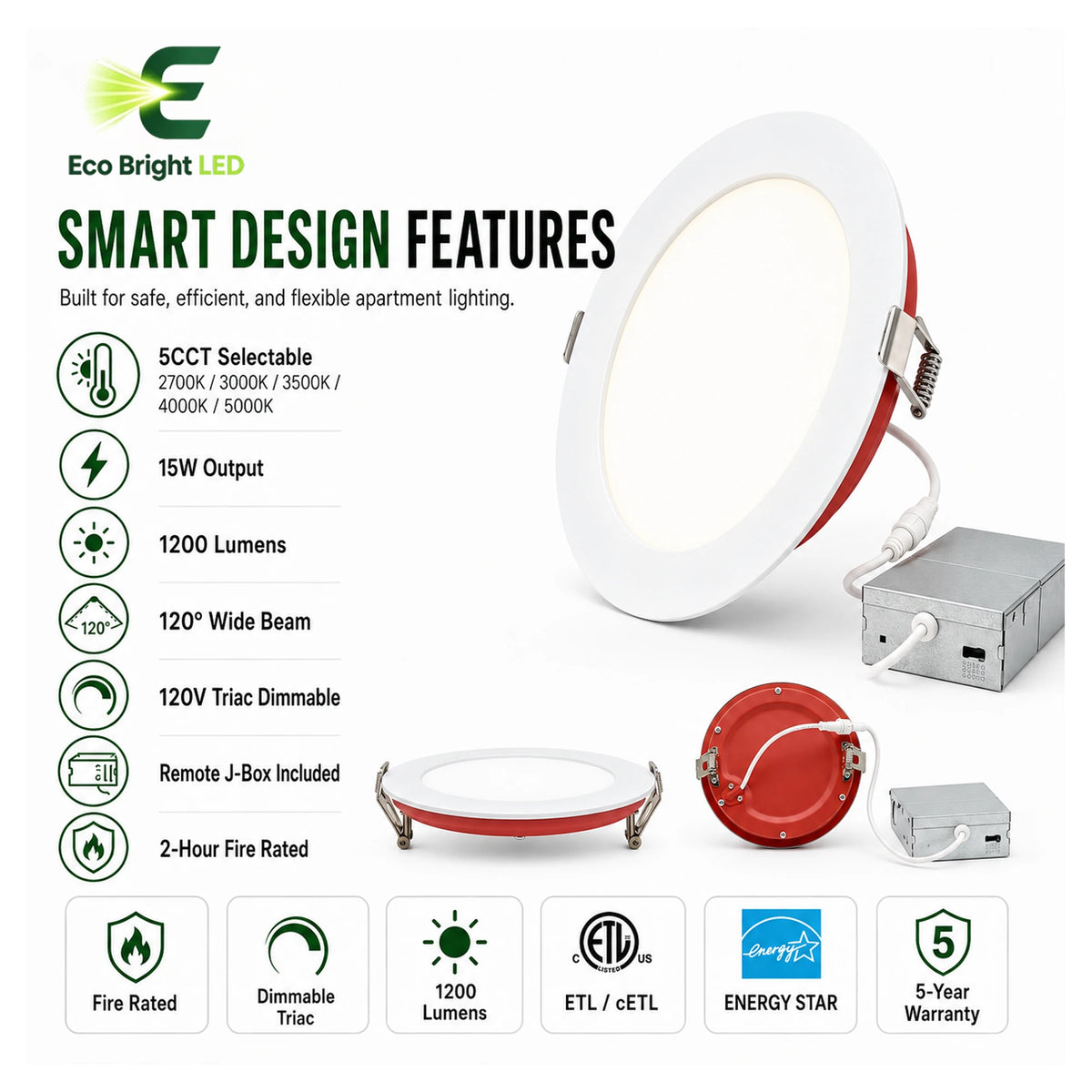 Key performance and design features of 6 Inch Fire Rated LED Downlight 15W for for commercial lighting projects.