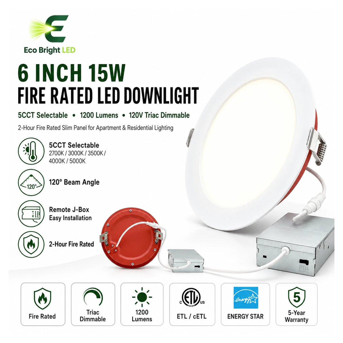 6 Inch Fire Rated LED Downlight 15W for product overview with key specifications for commercial lighting applications.
