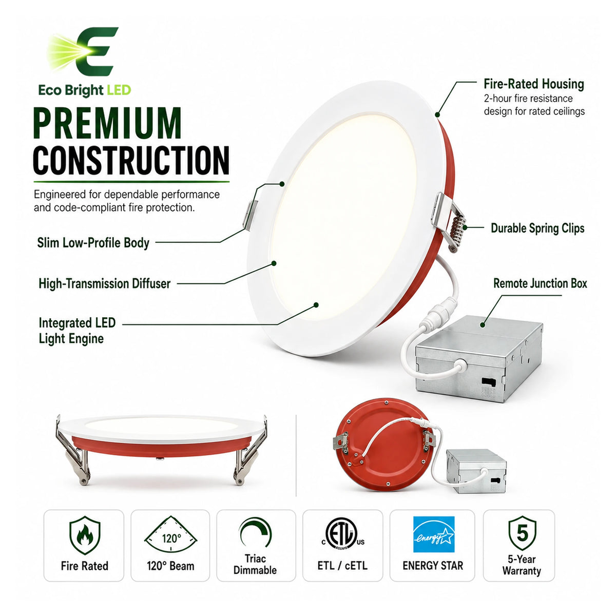 Housing, lens and construction details of 6 Inch Fire Rated LED Downlight 15W for Apartment for durable commercial use.