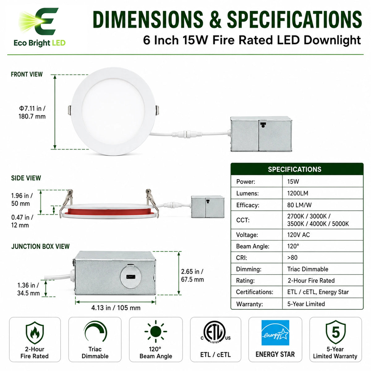 Dimensions and specifications for 6 Inch Fire Rated LED Downlight 15W for, including measurements and performance data.
