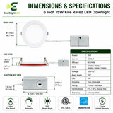 Dimensions and specifications for 6 Inch Fire Rated LED Downlight 15W for, including measurements and performance data.
