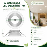 6 inch round LED downlight trim with white flange, silver reflector, and damp location use
