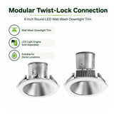6 inch round LED wall wash downlight trim with silver reflector and modular twist-lock connection