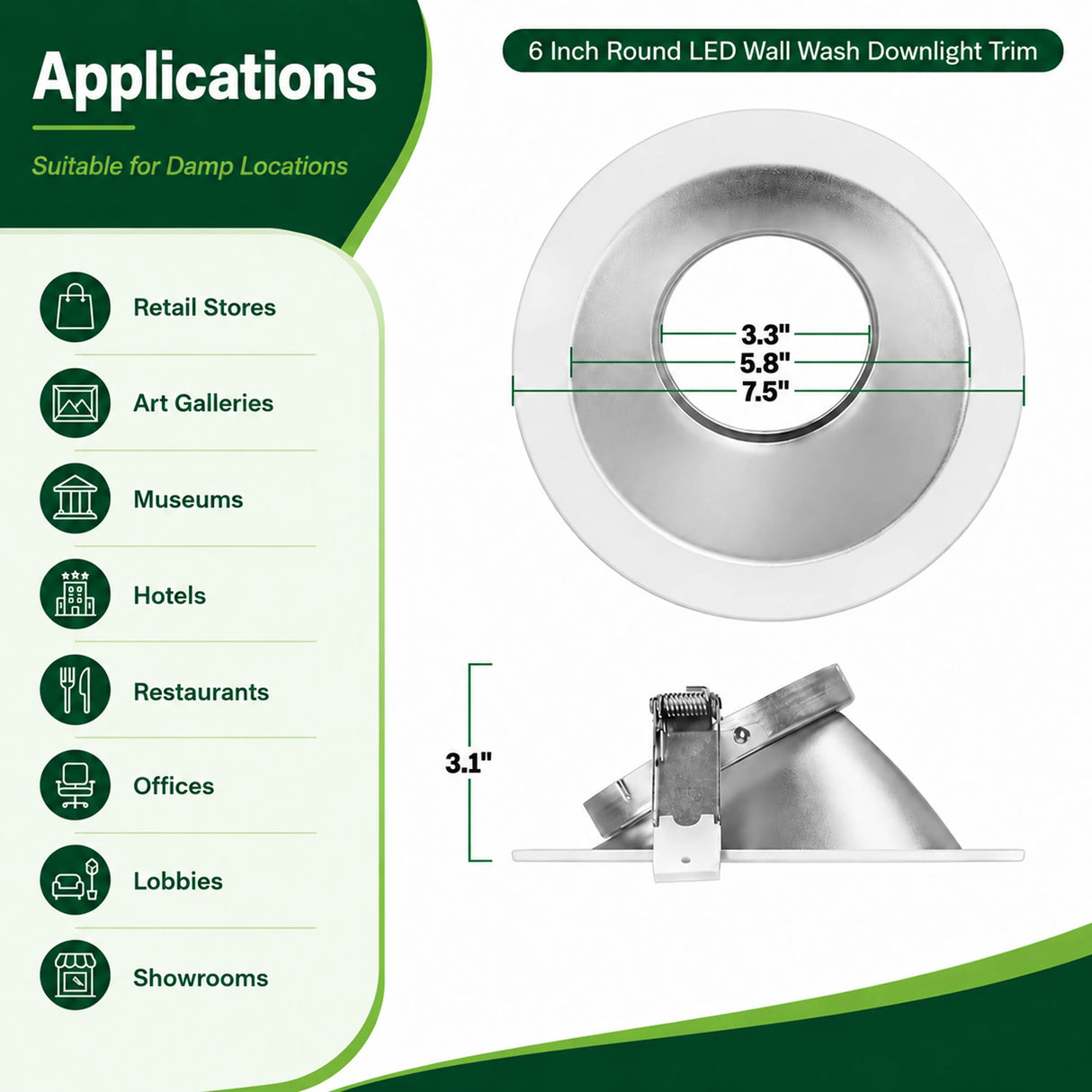 6-inch round LED wall wash downlight trim with silver reflector, damp-location use, and dimension callouts