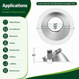 6-inch round LED wall wash downlight trim with silver reflector, damp-location use, and dimension callouts