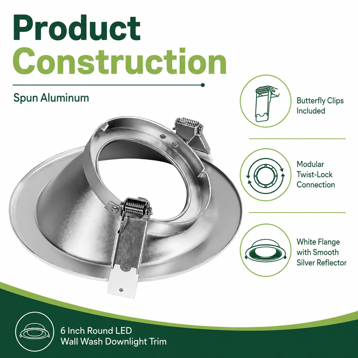 6-inch round LED wall wash downlight trim with spun aluminum housing and silver reflector