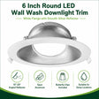 6 inch round LED wall wash downlight trim with white flange, silver reflector, and butterfly clips