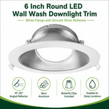 6 inch round LED wall wash downlight trim with white flange, silver reflector, and butterfly clips