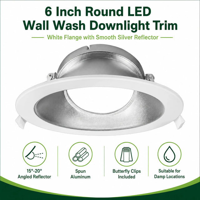 6 inch round LED wall wash downlight trim with white flange, silver reflector, and butterfly clips