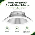 White 6 inch round LED downlight trim with smooth silver reflector, aluminum body, and spring clips
