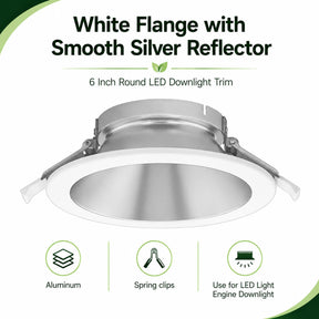 White 6 inch round LED downlight trim with smooth silver reflector, aluminum body, and spring clips