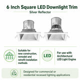 Two square aluminum LED downlight trims with silver reflectors for commercial recessed ceiling lighting
