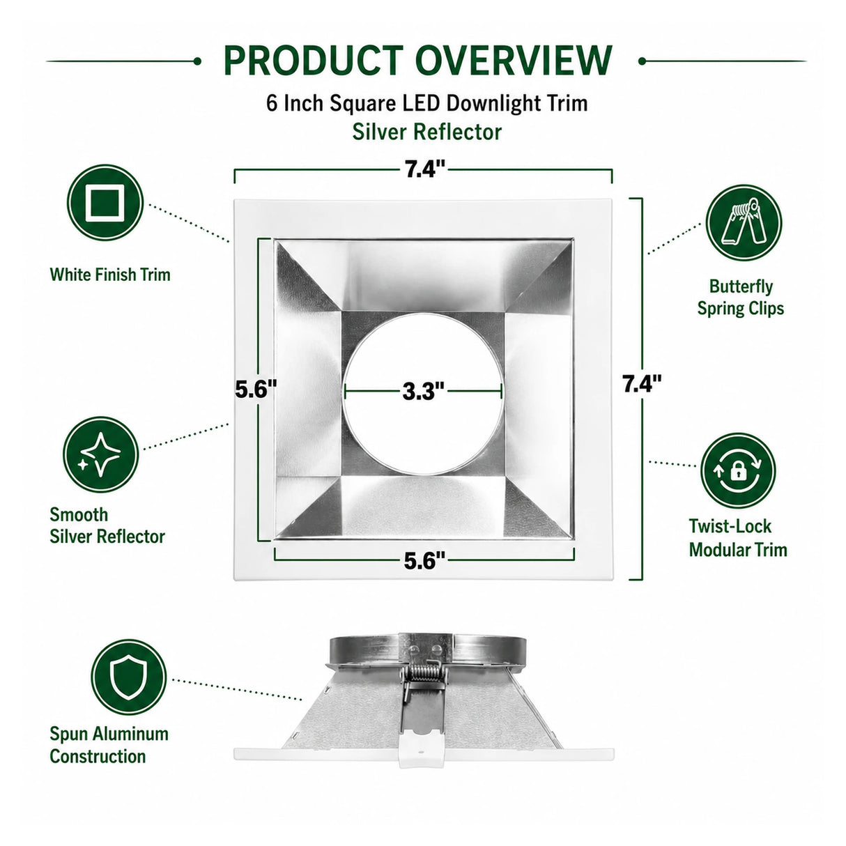 6 inch square LED downlight trim with white finish, silver reflector, and butterfly spring clips