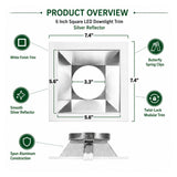 6 inch square LED downlight trim with white finish, silver reflector, and butterfly spring clips