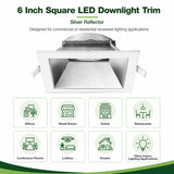 6 inch square LED downlight trim with silver reflector, shown with commercial and residential application icons
