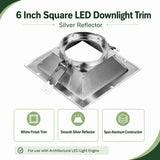 6 inch square LED downlight trim with silver reflector and spun aluminum construction for recessed lighting