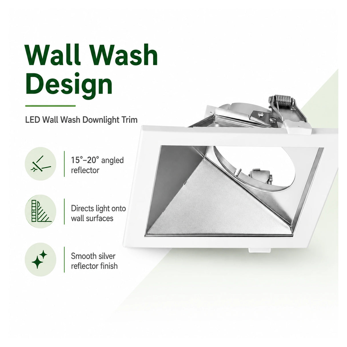 Square white LED wall wash downlight trim with silver reflector and angled wall wash design