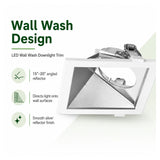 Square white LED wall wash downlight trim with silver reflector and angled wall wash design