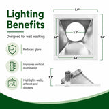 Square LED wall wash downlight trim with silver reflector, showing front and side views with dimensions
