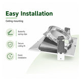 Square LED downlight trim with butterfly spring clips for secure ceiling mounting