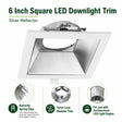 6 inch square LED downlight trim with silver reflector and butterfly spring clips for modular recessed lighting