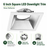 6 inch square LED downlight trim with silver reflector and butterfly spring clips for modular recessed lighting