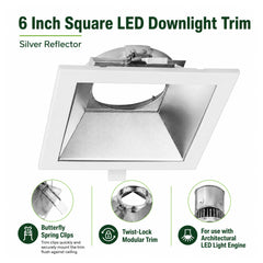 6 Inch Square LED Downlight Trim Silver Reflector Commercial
