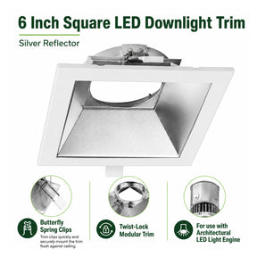 6 inch square LED downlight trim with silver reflector and butterfly spring clips for modular recessed lighting