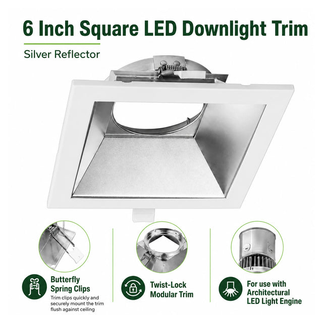 6 inch square LED downlight trim with silver reflector and butterfly spring clips for modular recessed lighting