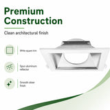 White 6-inch square LED wall wash trim with spun aluminum reflector and clean architectural finish