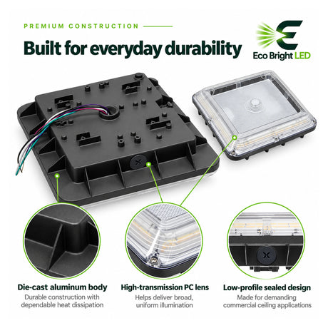 60/80/100W 3CCT LED canopy light featuring a die-cast aluminum body, clear PC lens, and low-profile sealed design
