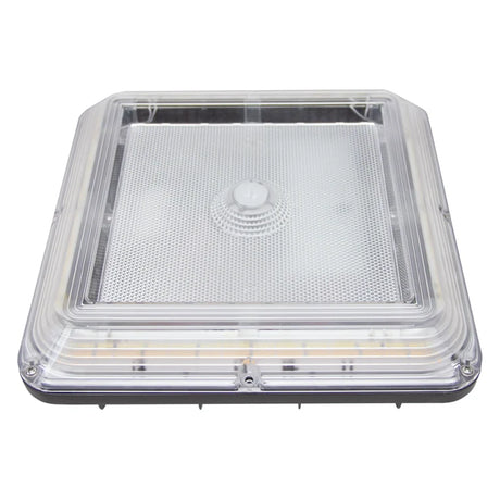 Square 60/80/100W 3CCT LED canopy light with clear prismatic lens and central sensor detail for covered parking