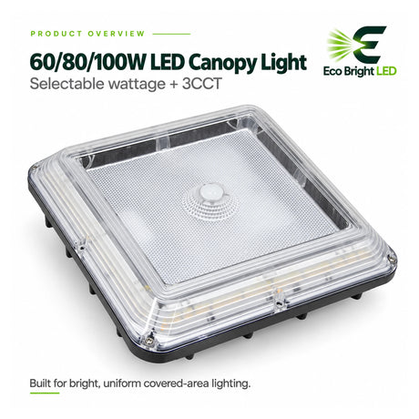 60/80/100W 3CCT LED canopy light with clear ribbed cover and rectangular housing for covered-area lighting