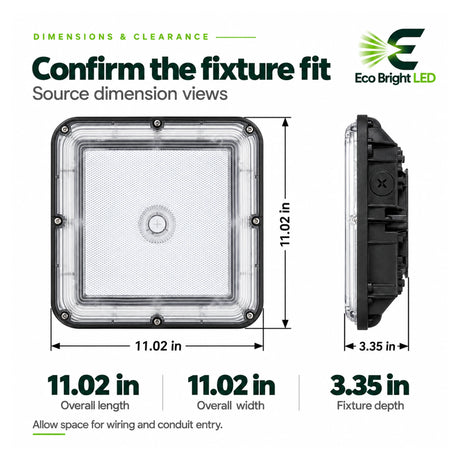 Square 60/80/100W 3CCT LED canopy light shown in front and side views, measuring 11.02 inches wide and 3.35 inches deep
