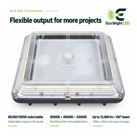 Square 60/80/100W selectable LED canopy light with 3CCT settings for parking garages and covered areas
