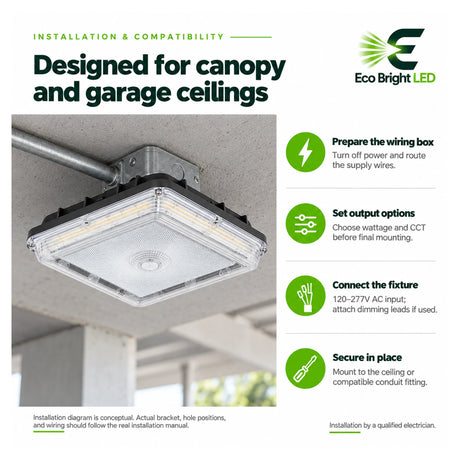 Square 60-80-100W LED canopy light mounted on a garage ceiling with selectable wattage and 3CCT settings