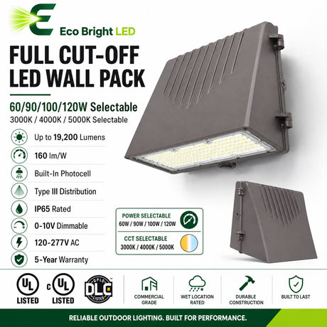 60/90/100/120W Full Cut-Off LED Wall Pack product overview with key specifications for commercial lighting applications.