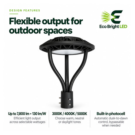 Black LED post top area light with 3CCT color selection and built-in photocell for outdoor pathways